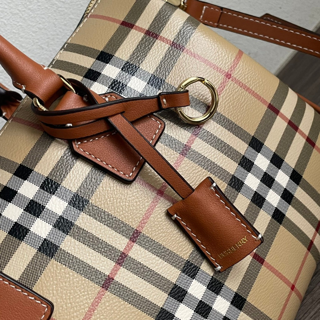 Elegant Beige Check Print Barrel Handbag with Brown Accents