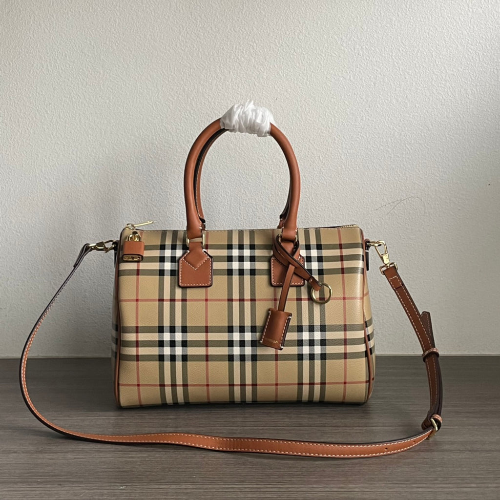 Elegant Beige Check Print Barrel Handbag with Brown Accents