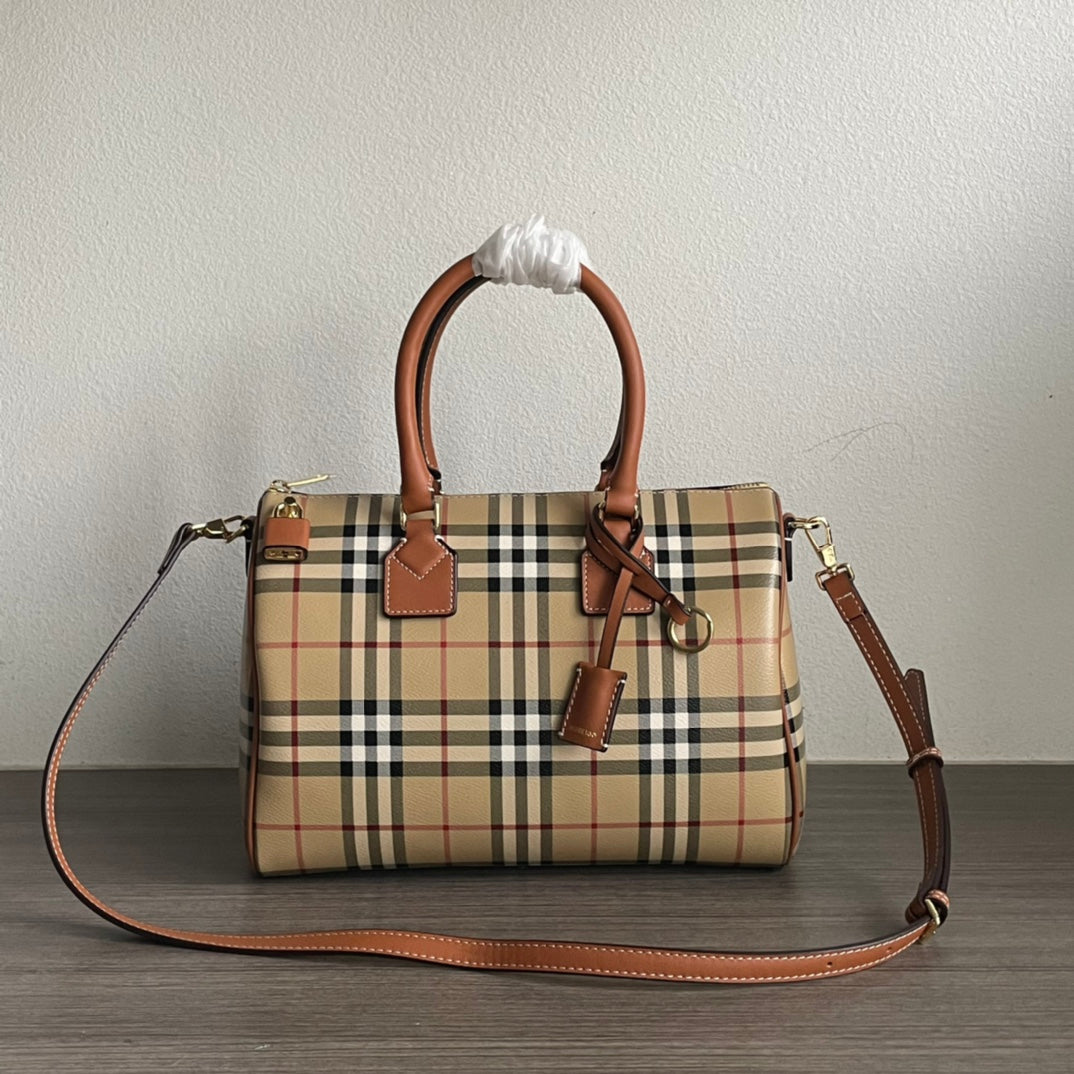 Elegant Beige Check Print Barrel Handbag with Brown Accents