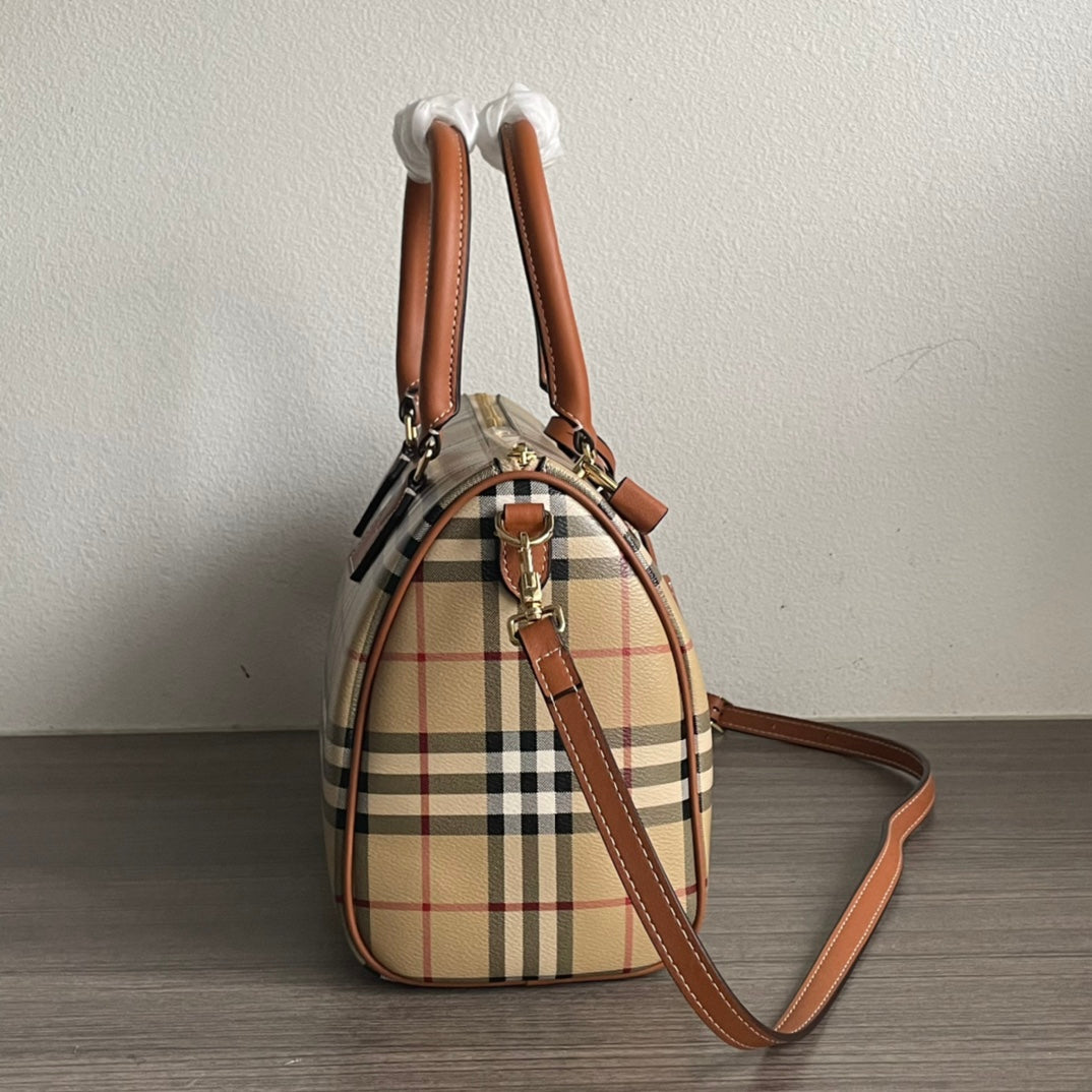 Elegant Beige Check Print Barrel Handbag with Brown Accents