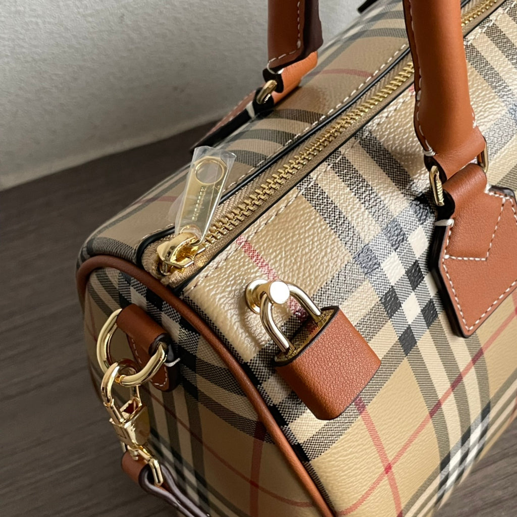 Elegant Beige Check Print Barrel Handbag with Brown Accents