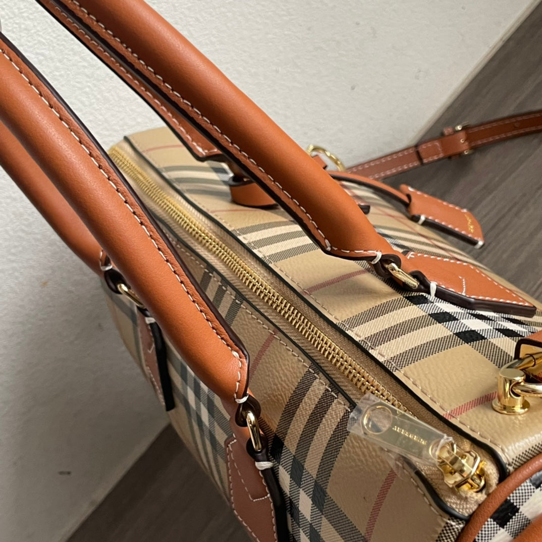 Elegant Beige Check Print Barrel Handbag with Brown Accents