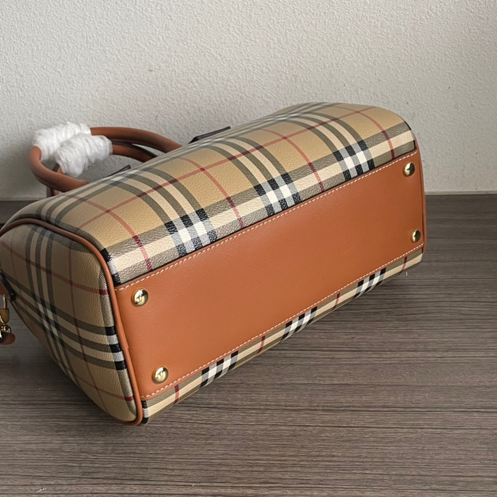 Elegant Beige Check Print Barrel Handbag with Brown Accents