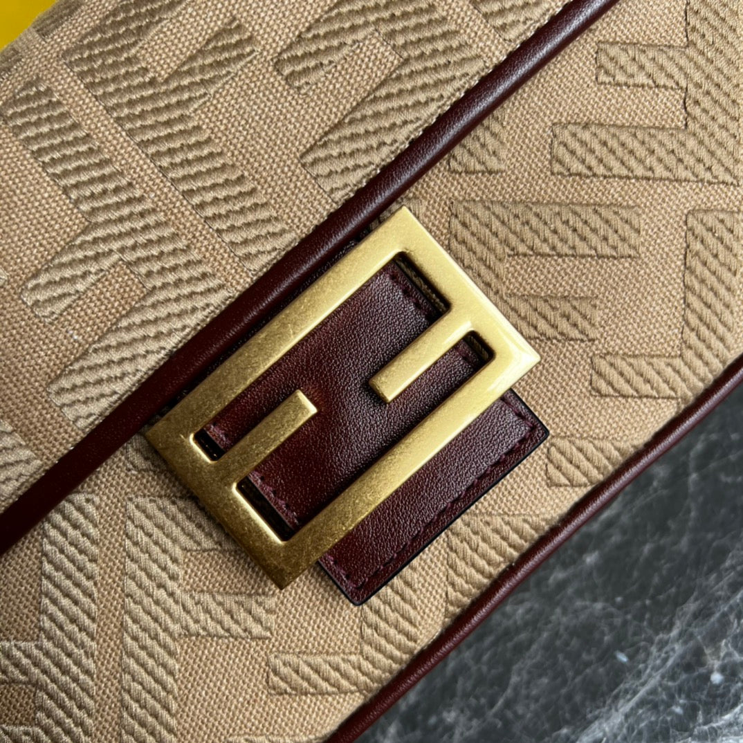 Elegant Beige Monogram Shoulder Bag with Burgundy Trim and Gold-Tone Clasp