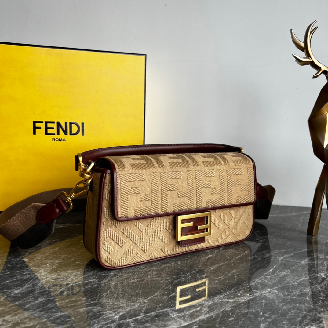 Elegant Beige Monogram Shoulder Bag with Burgundy Trim and Gold-Tone Clasp