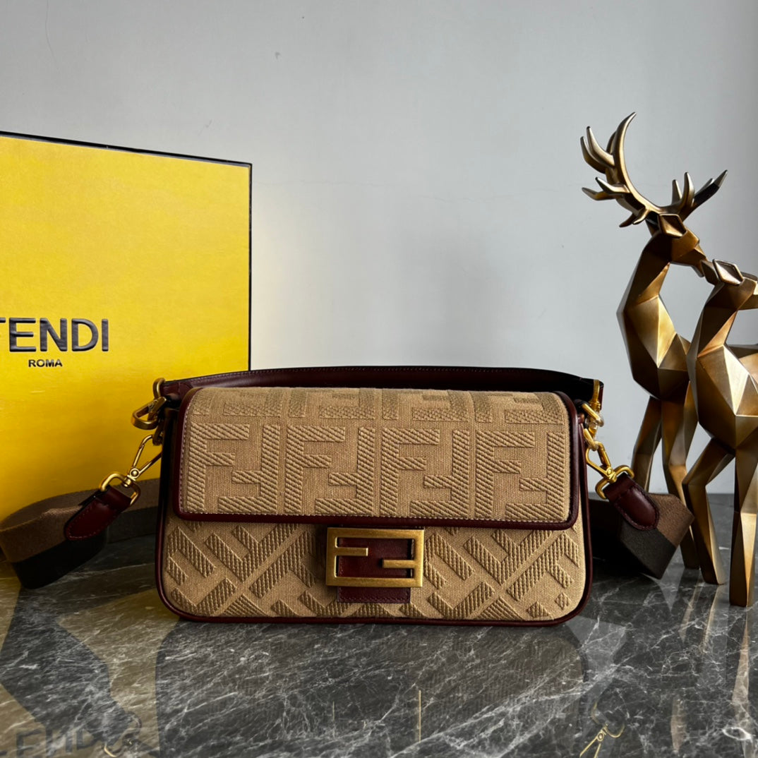 Elegant Beige Monogram Shoulder Bag with Burgundy Trim and Gold-Tone Clasp