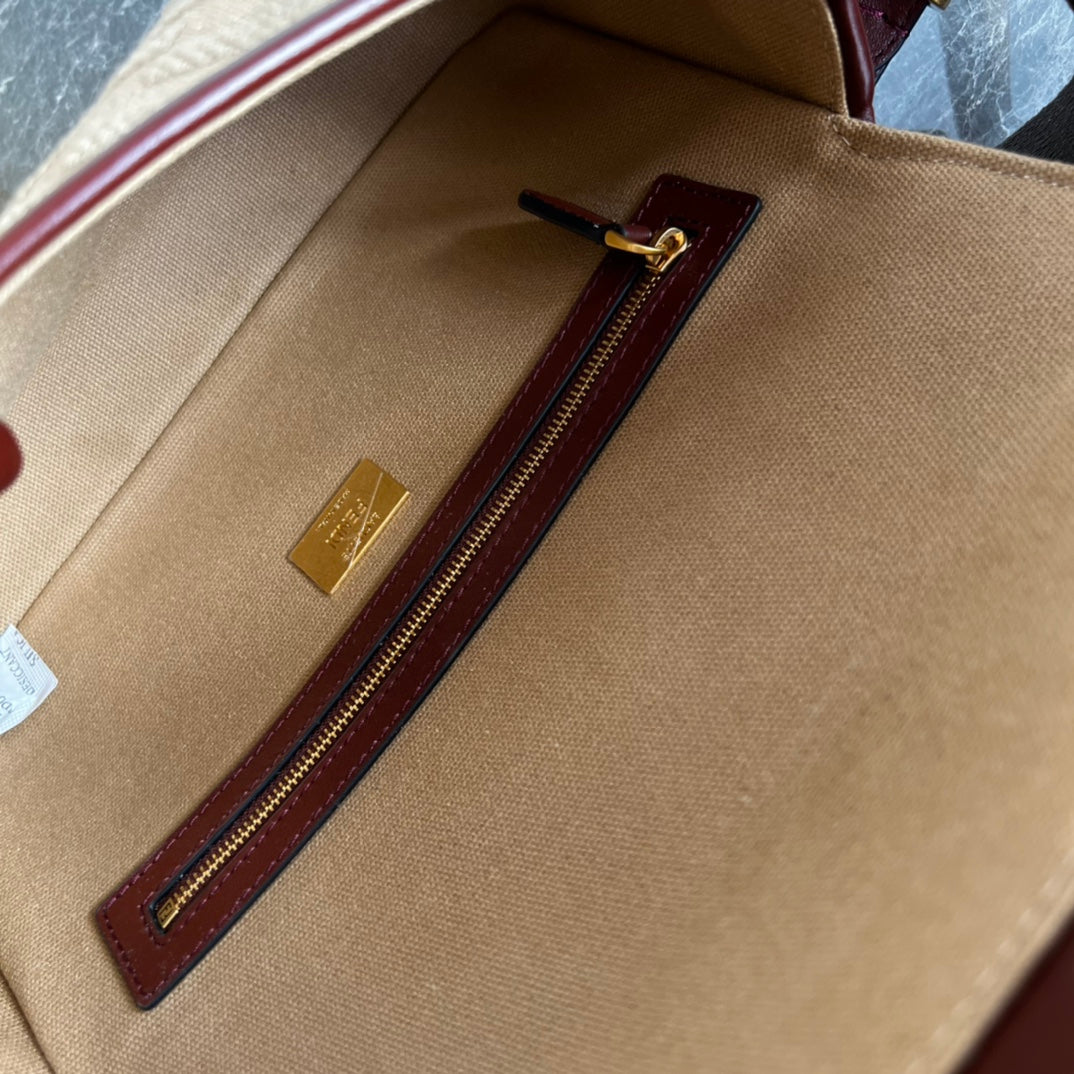 Elegant Beige Monogram Shoulder Bag with Burgundy Trim and Gold-Tone Clasp