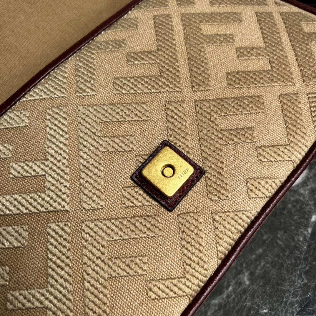 Elegant Beige Monogram Shoulder Bag with Burgundy Trim and Gold-Tone Clasp