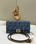 Elegant Blue Monogram Shoulder Bag with Gold-Tone Clasp and Chain Strap