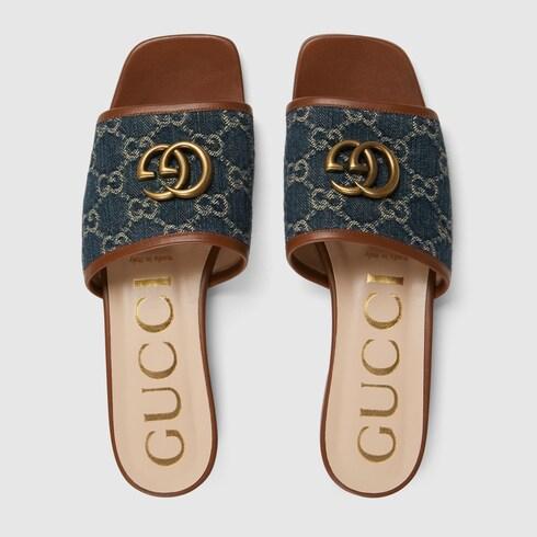 Blue GG Monogram Slide Sandals with Gold Double G Detail
